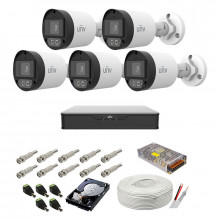 Sistem supraveghere complet audio-video UNV, 5MP, 5 camere cu lumina alba WL 40m, color noaptea