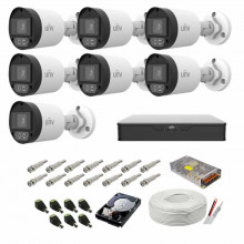 Sistem supraveghere complet audio-video UNV, 5MP, 7 camere cu lumina alba WL 40m, color noaptea