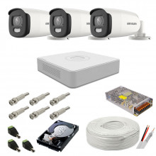 Sistem camere supraveghere cu lumina alba Color VU Hikvision, 5MP, 3 camere, WL 40m, color noaptea