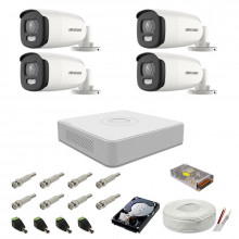 Kit camere supraveghere cu lumina alba Color VU Hikvision, 5MP, 4 camere , WL 40m, color noaptea