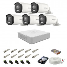 Sistem camere supraveghere cu lumina alba Color VU Hikvision, 5MP, 5 camere , WL 40m, color noaptea