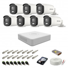 Sistem camere supraveghere cu lumina alba Color VU Hikvision, 5MP, 7 camere , WL 40m, color noaptea